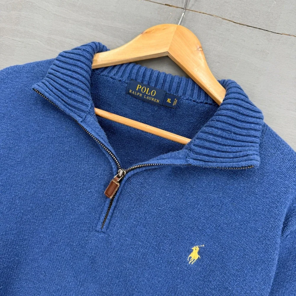 Polo Ralph Lauren Quarter Zip Sweater Blue Cotton Knit Pullover XL